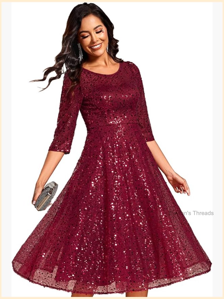 Women's Sequin Cocktail Party Dress Midi Semi Formal Holiday Wedding Guest